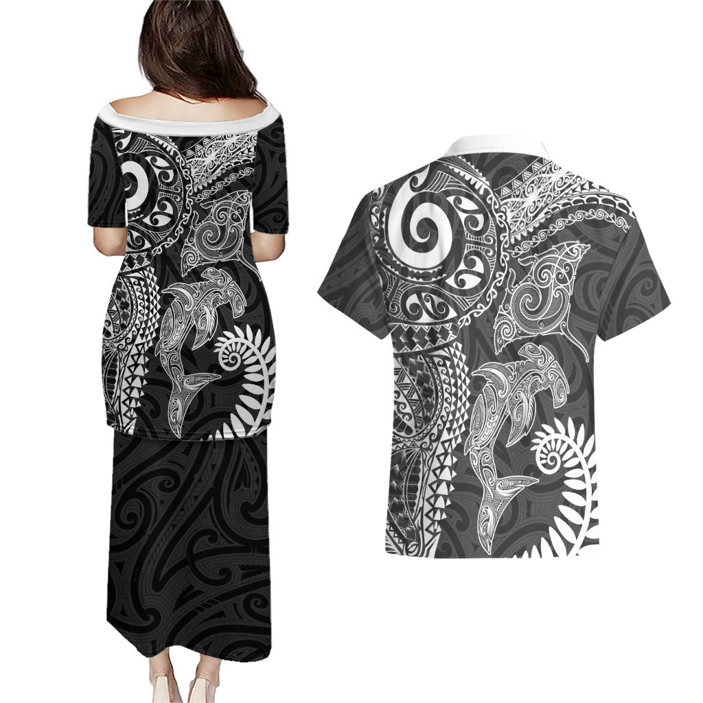 Aotearoa Maori Sea Animals Tribal Couples Matching Puletasi and Hawaiian Shirt Manta Ray and Shark Moko Pattern Black Color