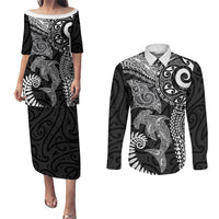 Aotearoa Maori Sea Animals Tribal Couples Matching Puletasi and Long Sleeve Button Shirt Manta Ray and Shark Moko Pattern Black Color
