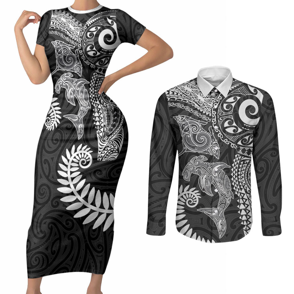 Aotearoa Maori Sea Animals Tribal Couples Matching Short Sleeve Bodycon Dress and Long Sleeve Button Shirt Manta Ray and Shark Moko Pattern Black Color LT03 Black - Polynesian Pride