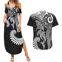 Aotearoa Maori Sea Animals Tribal Couples Matching Summer Maxi Dress and Hawaiian Shirt Manta Ray and Shark Moko Pattern Black Color