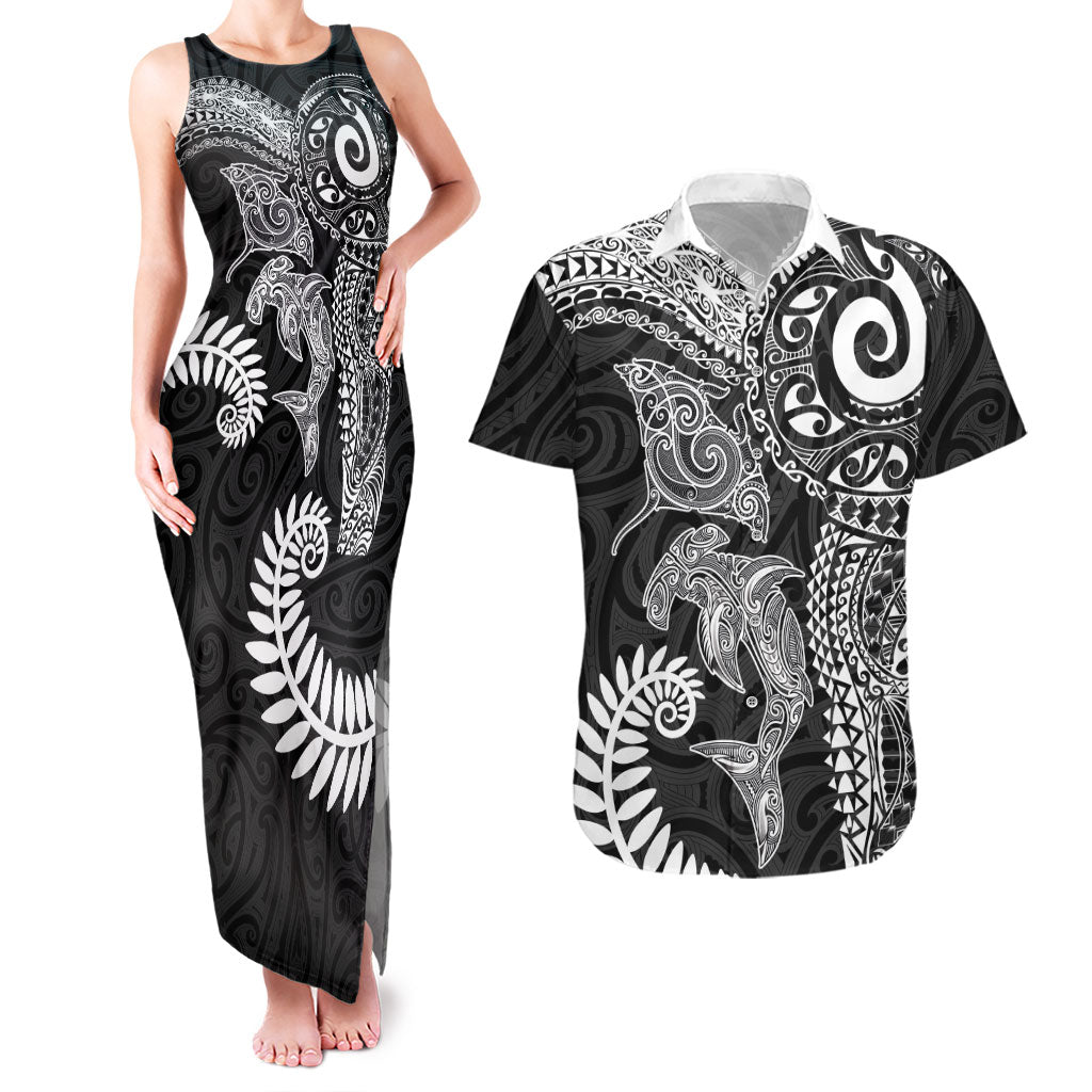 Aotearoa Maori Sea Animals Tribal Couples Matching Tank Maxi Dress and Hawaiian Shirt Manta Ray and Shark Moko Pattern Black Color