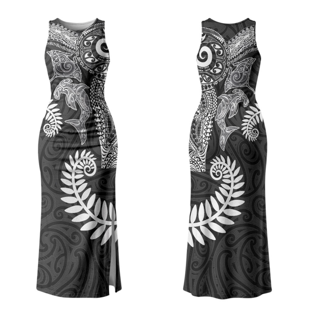 Aotearoa Maori Sea Animals Tribal Couples Matching Tank Maxi Dress and Hawaiian Shirt Manta Ray and Shark Moko Pattern Black Color LT03 - Polynesian Pride