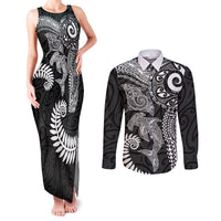 Aotearoa Maori Sea Animals Tribal Couples Matching Tank Maxi Dress and Long Sleeve Button Shirt Manta Ray and Shark Moko Pattern Black Color