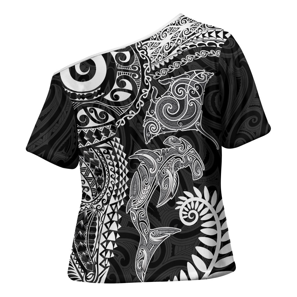 Aotearoa Maori Sea Animals Tribal Cross Shoulder Shirt Manta Ray and Shark Moko Pattern Black Color