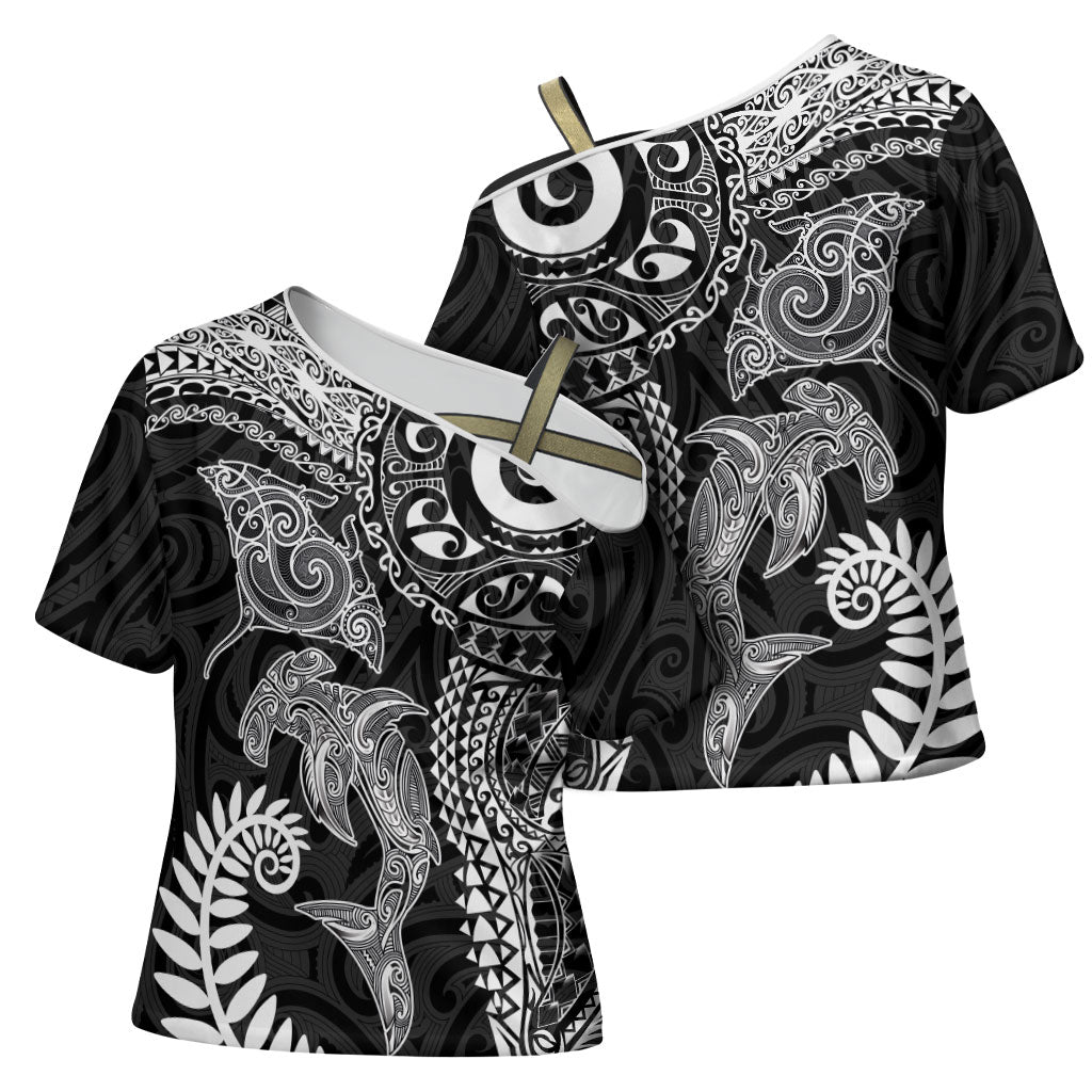 Aotearoa Maori Sea Animals Tribal Cross Shoulder Shirt Manta Ray and Shark Moko Pattern Black Color