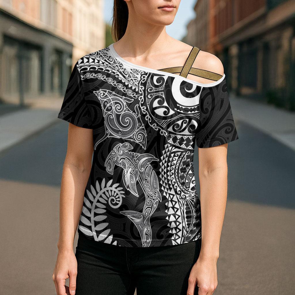 Aotearoa Maori Sea Animals Tribal Cross Shoulder Shirt Manta Ray and Shark Moko Pattern Black Color