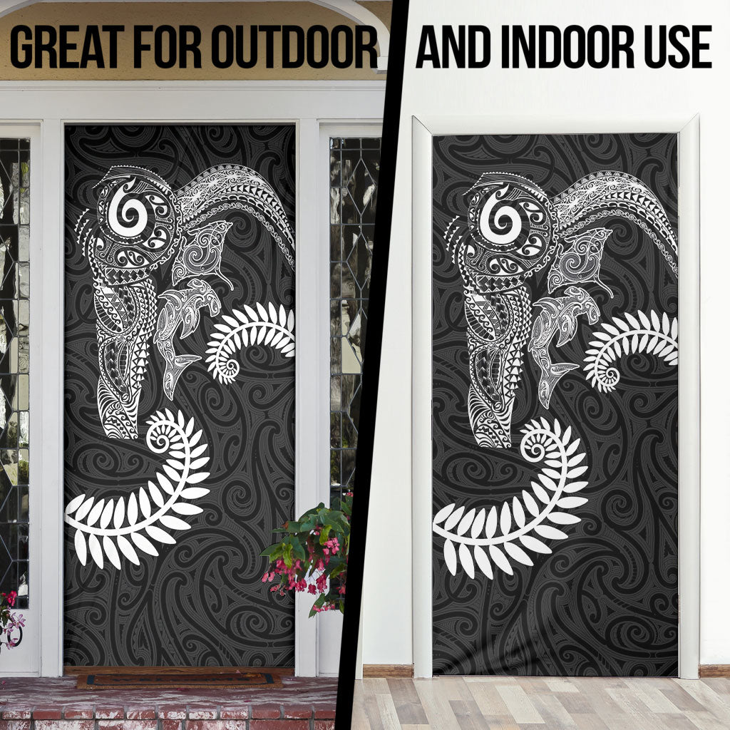 Aotearoa Maori Sea Animals Tribal Door Cover Manta Ray and Shark Moko Pattern Black Color