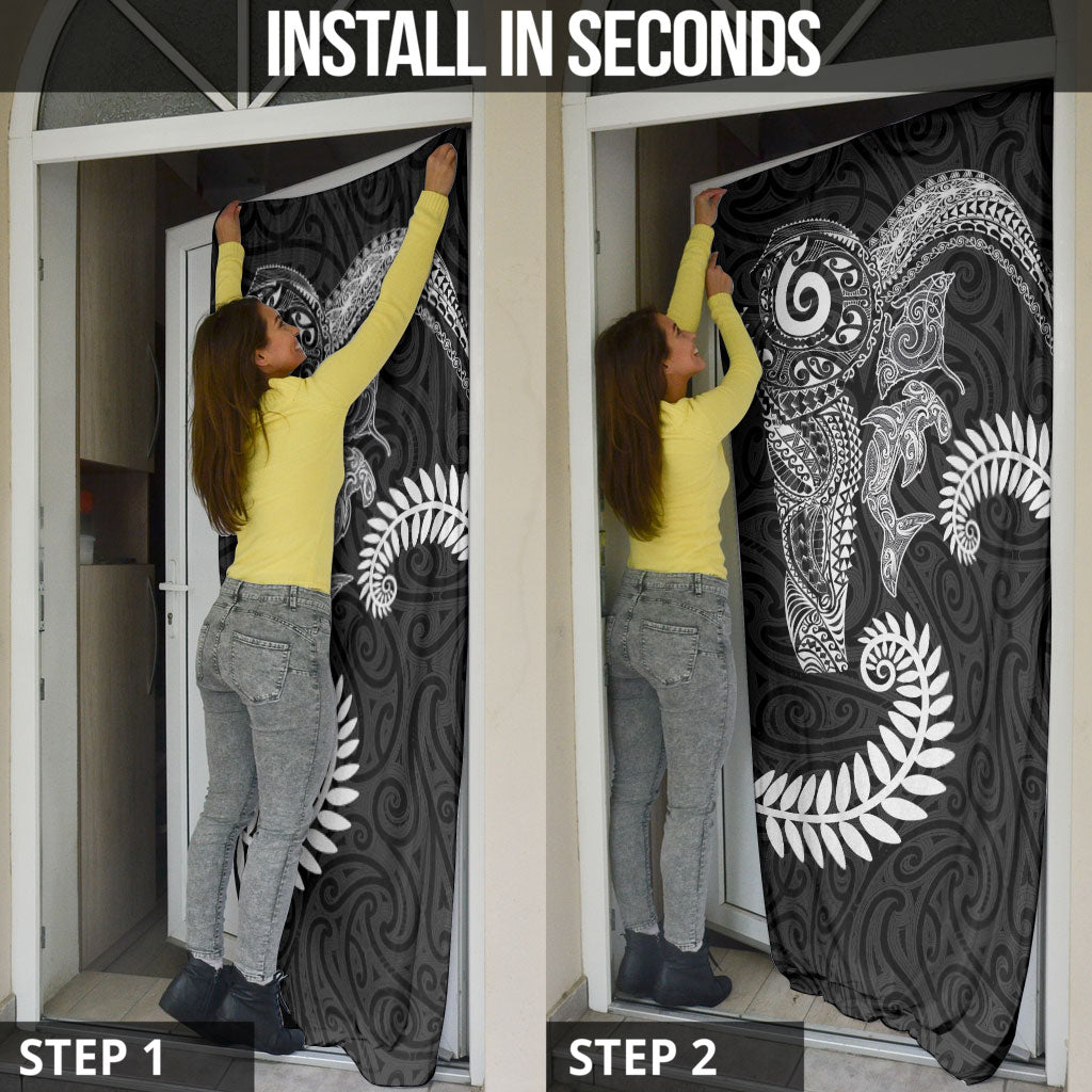 Aotearoa Maori Sea Animals Tribal Door Cover Manta Ray and Shark Moko Pattern Black Color