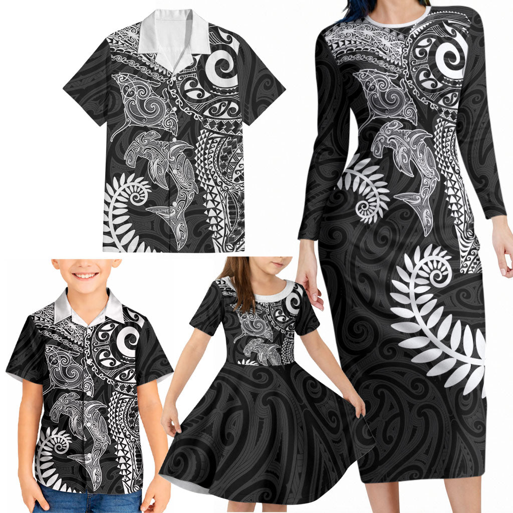Aotearoa Maori Sea Animals Tribal Family Matching Long Sleeve Bodycon Dress and Hawaiian Shirt Manta Ray and Shark Moko Pattern Black Color LT03 - Polynesian Pride