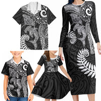 Aotearoa Maori Sea Animals Tribal Family Matching Long Sleeve Bodycon Dress and Hawaiian Shirt Manta Ray and Shark Moko Pattern Black Color LT03 - Polynesian Pride