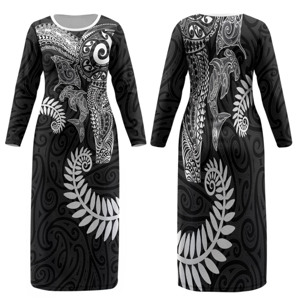 Aotearoa Maori Sea Animals Tribal Family Matching Long Sleeve Bodycon Dress and Hawaiian Shirt Manta Ray and Shark Moko Pattern Black Color LT03 Mom's Dress Black - Polynesian Pride