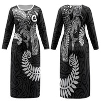 Aotearoa Maori Sea Animals Tribal Family Matching Long Sleeve Bodycon Dress and Hawaiian Shirt Manta Ray and Shark Moko Pattern Black Color LT03 Mom's Dress Black - Polynesian Pride