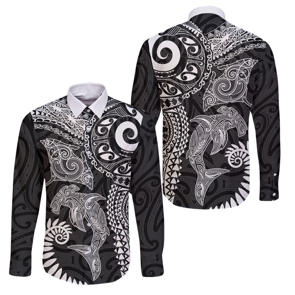 Aotearoa Maori Sea Animals Tribal Family Matching Long Sleeve Bodycon Dress and Hawaiian Shirt Manta Ray and Shark Moko Pattern Black Color LT03 Dad's Shirt - Long Sleeve Black - Polynesian Pride
