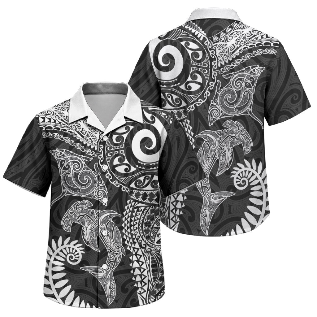 Aotearoa Maori Sea Animals Tribal Family Matching Long Sleeve Bodycon Dress and Hawaiian Shirt Manta Ray and Shark Moko Pattern Black Color LT03 Son's Shirt Black - Polynesian Pride