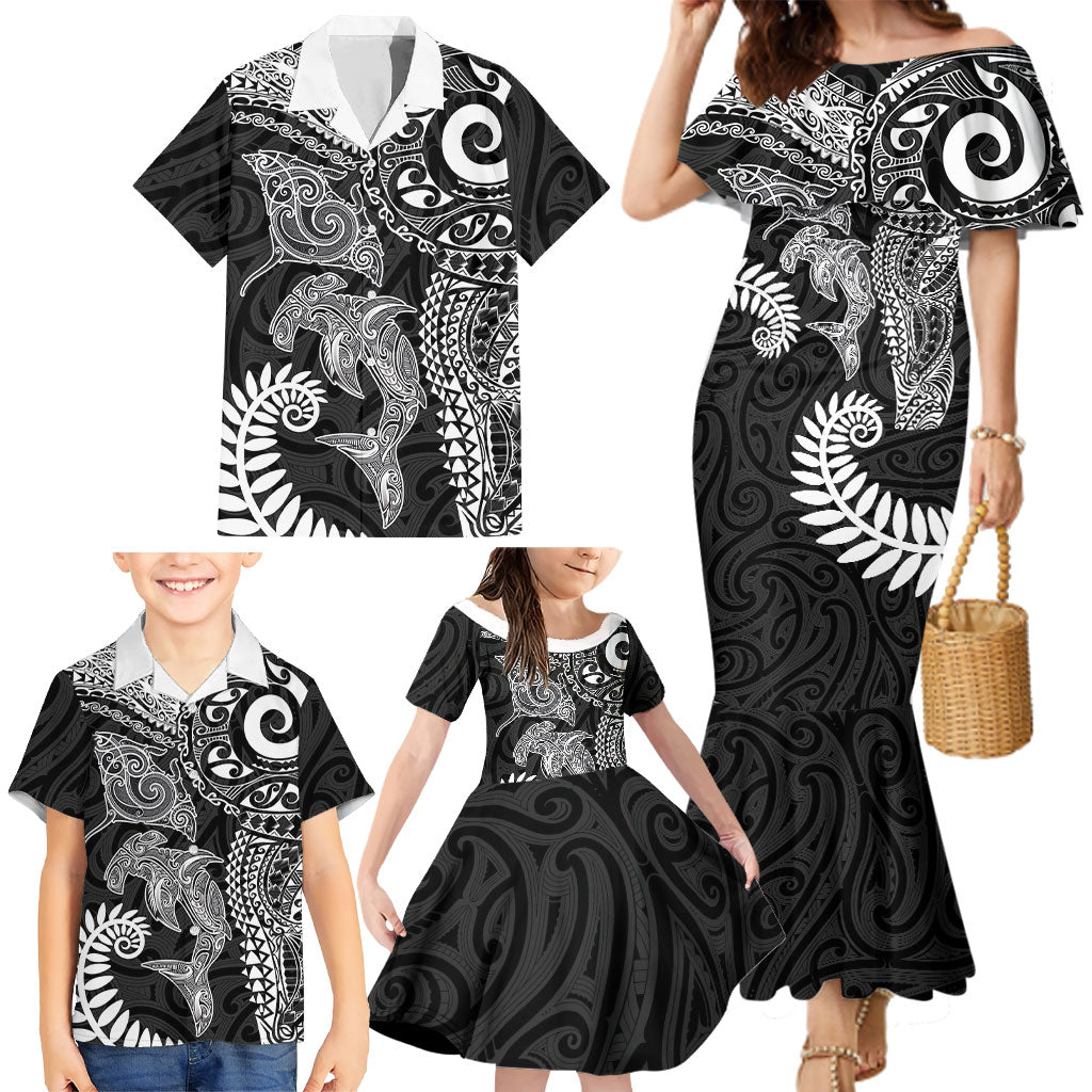 Aotearoa Maori Sea Animals Tribal Family Matching Mermaid Dress and Hawaiian Shirt Manta Ray and Shark Moko Pattern Black Color