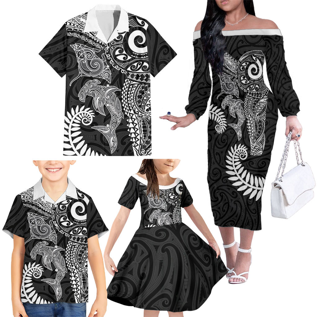 Aotearoa Maori Sea Animals Tribal Family Matching Off The Shoulder Long Sleeve Dress and Hawaiian Shirt Manta Ray and Shark Moko Pattern Black Color LT03 - Polynesian Pride