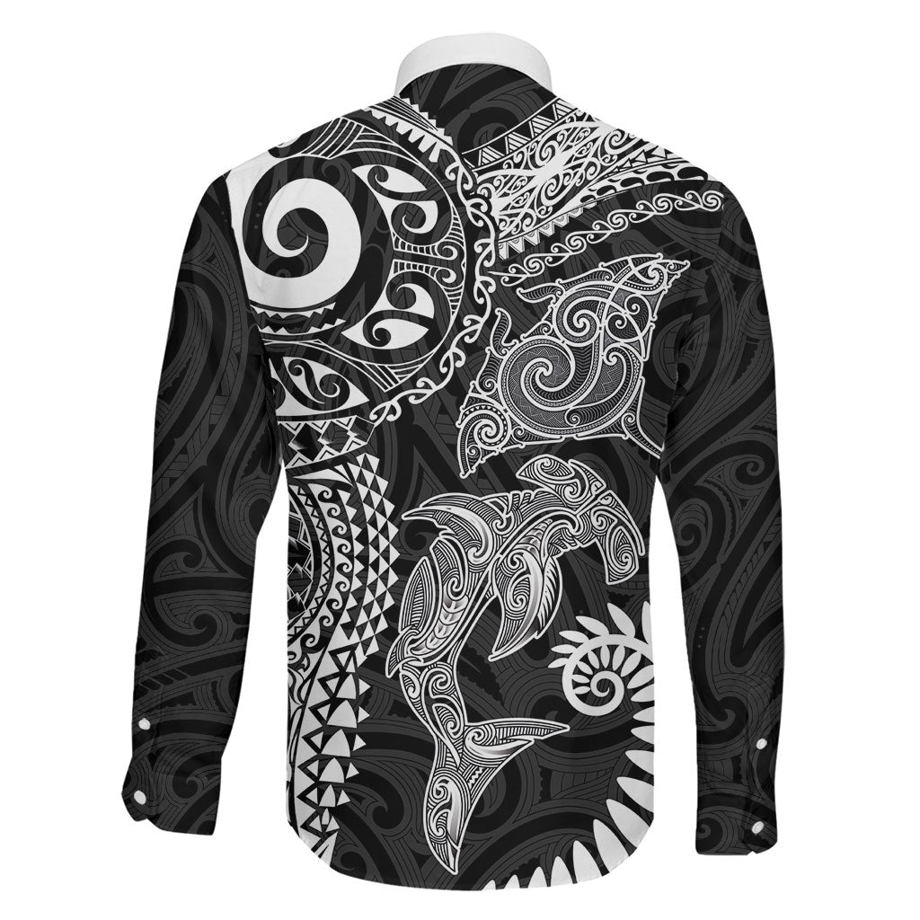 Aotearoa Maori Sea Animals Tribal Family Matching Off The Shoulder Long Sleeve Dress and Hawaiian Shirt Manta Ray and Shark Moko Pattern Black Color