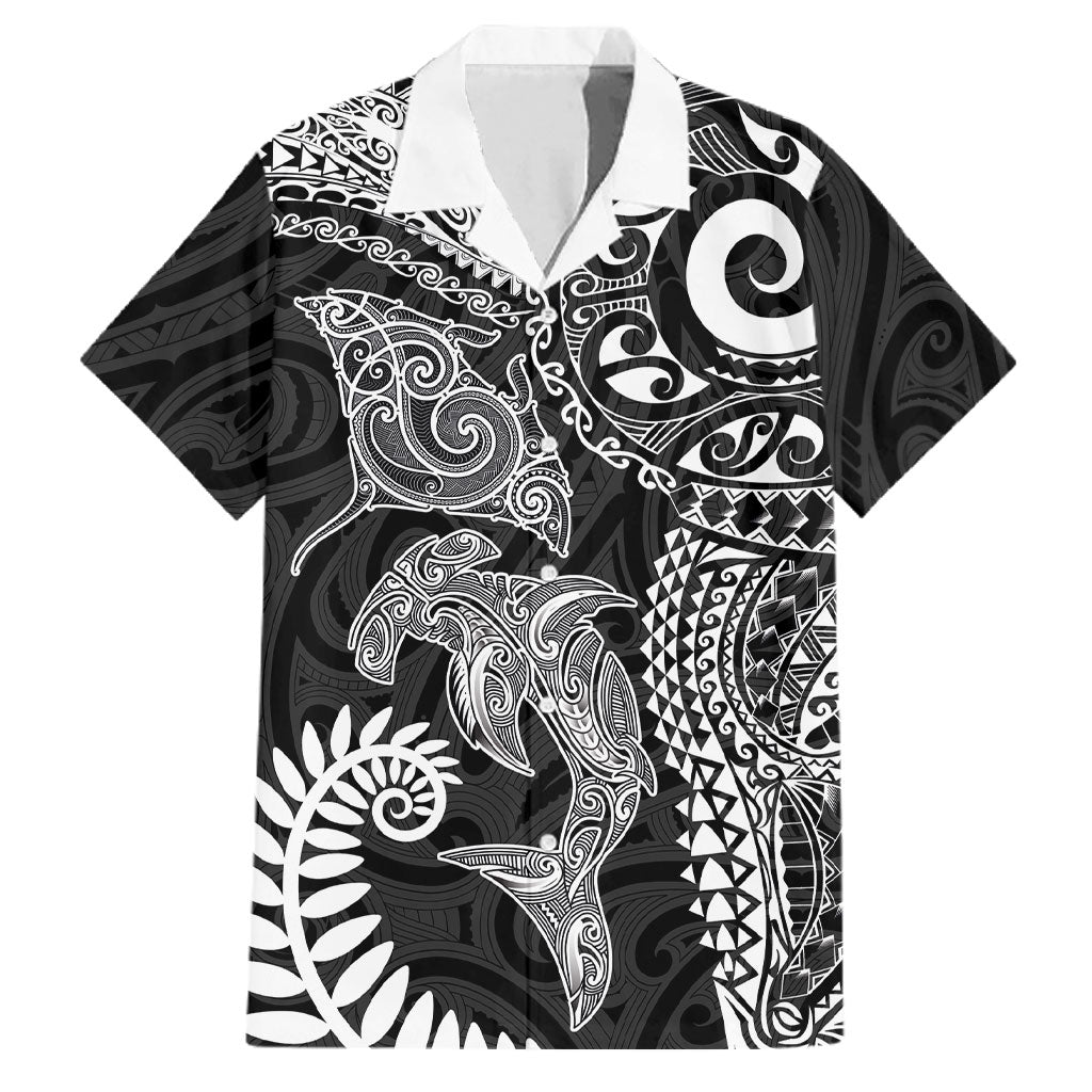 Aotearoa Maori Sea Animals Tribal Family Matching Off Shoulder Maxi Dress and Hawaiian Shirt Manta Ray and Shark Moko Pattern Black Color
