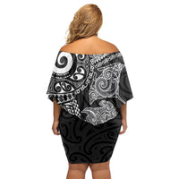 Aotearoa Maori Sea Animals Tribal Family Matching Off Shoulder Short Dress and Hawaiian Shirt Manta Ray and Shark Moko Pattern Black Color