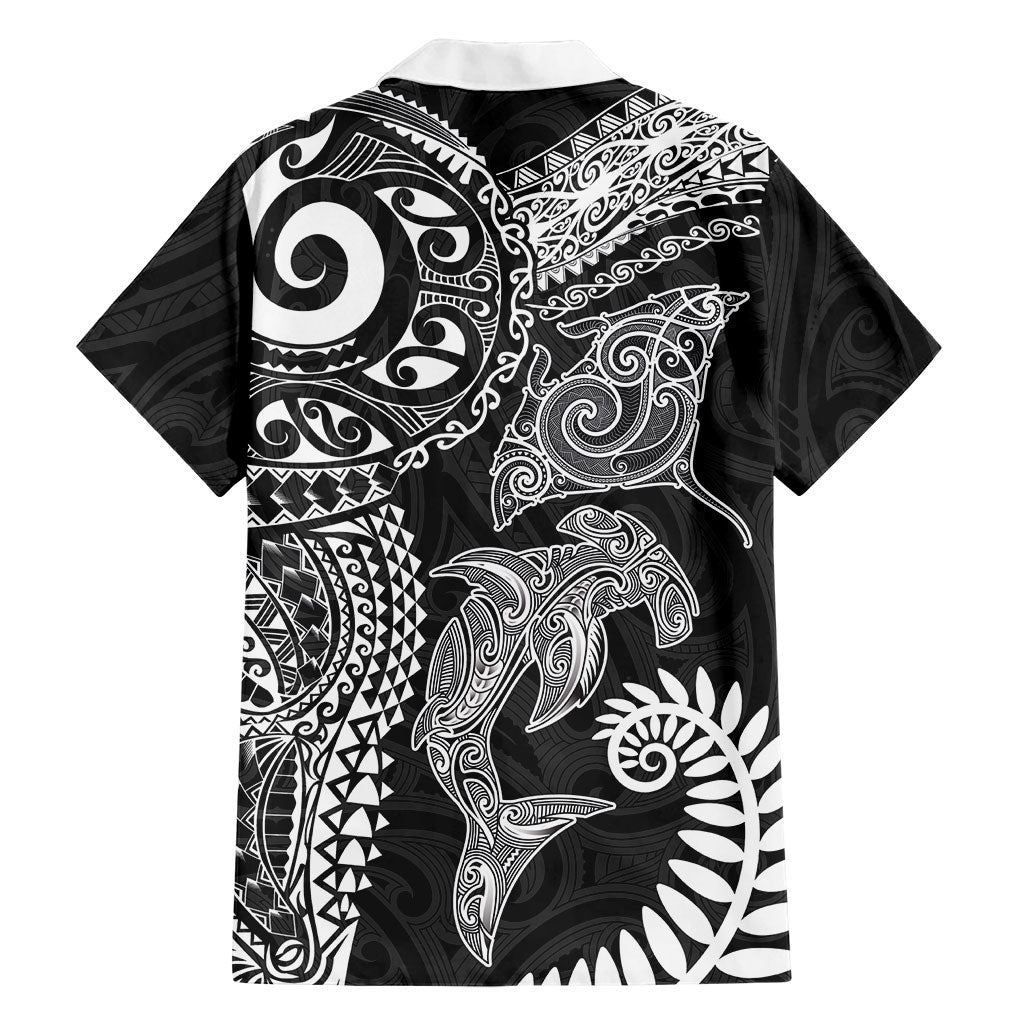 Aotearoa Maori Sea Animals Tribal Family Matching Puletasi and Hawaiian Shirt Manta Ray and Shark Moko Pattern Black Color
