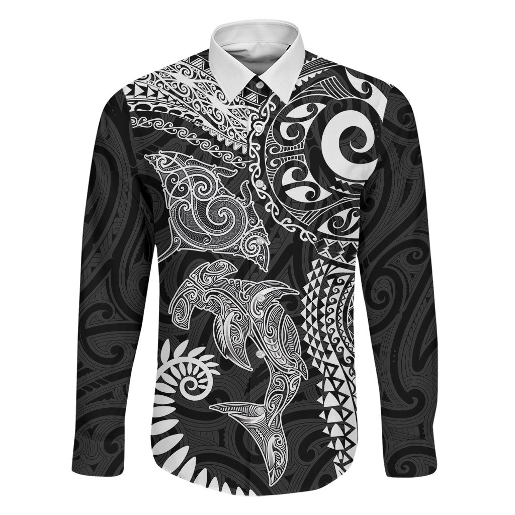 Aotearoa Maori Sea Animals Tribal Family Matching Puletasi and Hawaiian Shirt Manta Ray and Shark Moko Pattern Black Color