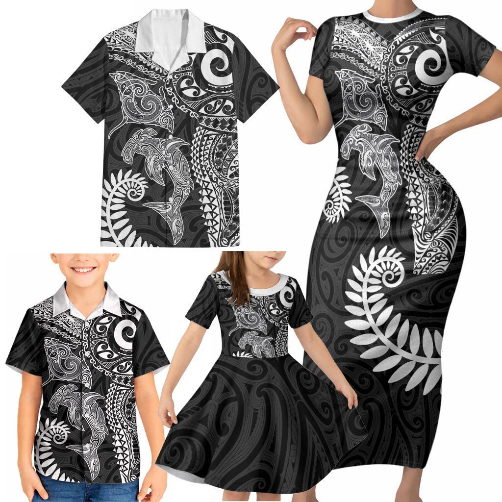 Aotearoa Maori Sea Animals Tribal Family Matching Short Sleeve Bodycon Dress and Hawaiian Shirt Manta Ray and Shark Moko Pattern Black Color LT03 - Polynesian Pride
