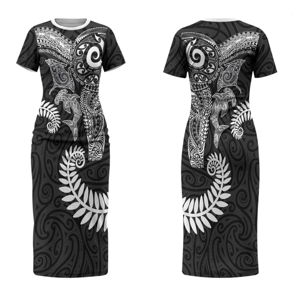 Aotearoa Maori Sea Animals Tribal Family Matching Short Sleeve Bodycon Dress and Hawaiian Shirt Manta Ray and Shark Moko Pattern Black Color LT03 Mom's Dress Black - Polynesian Pride
