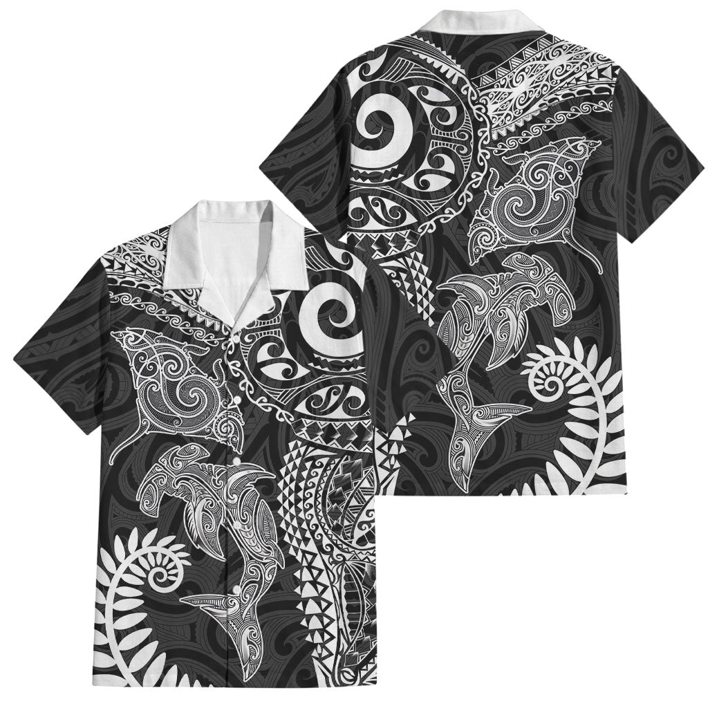 Aotearoa Maori Sea Animals Tribal Family Matching Short Sleeve Bodycon Dress and Hawaiian Shirt Manta Ray and Shark Moko Pattern Black Color LT03 Dad's Shirt - Short Sleeve Black - Polynesian Pride