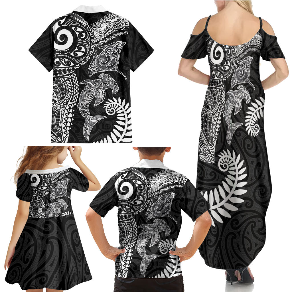 Aotearoa Maori Sea Animals Tribal Family Matching Summer Maxi Dress and Hawaiian Shirt Manta Ray and Shark Moko Pattern Black Color