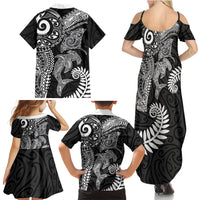 Aotearoa Maori Sea Animals Tribal Family Matching Summer Maxi Dress and Hawaiian Shirt Manta Ray and Shark Moko Pattern Black Color