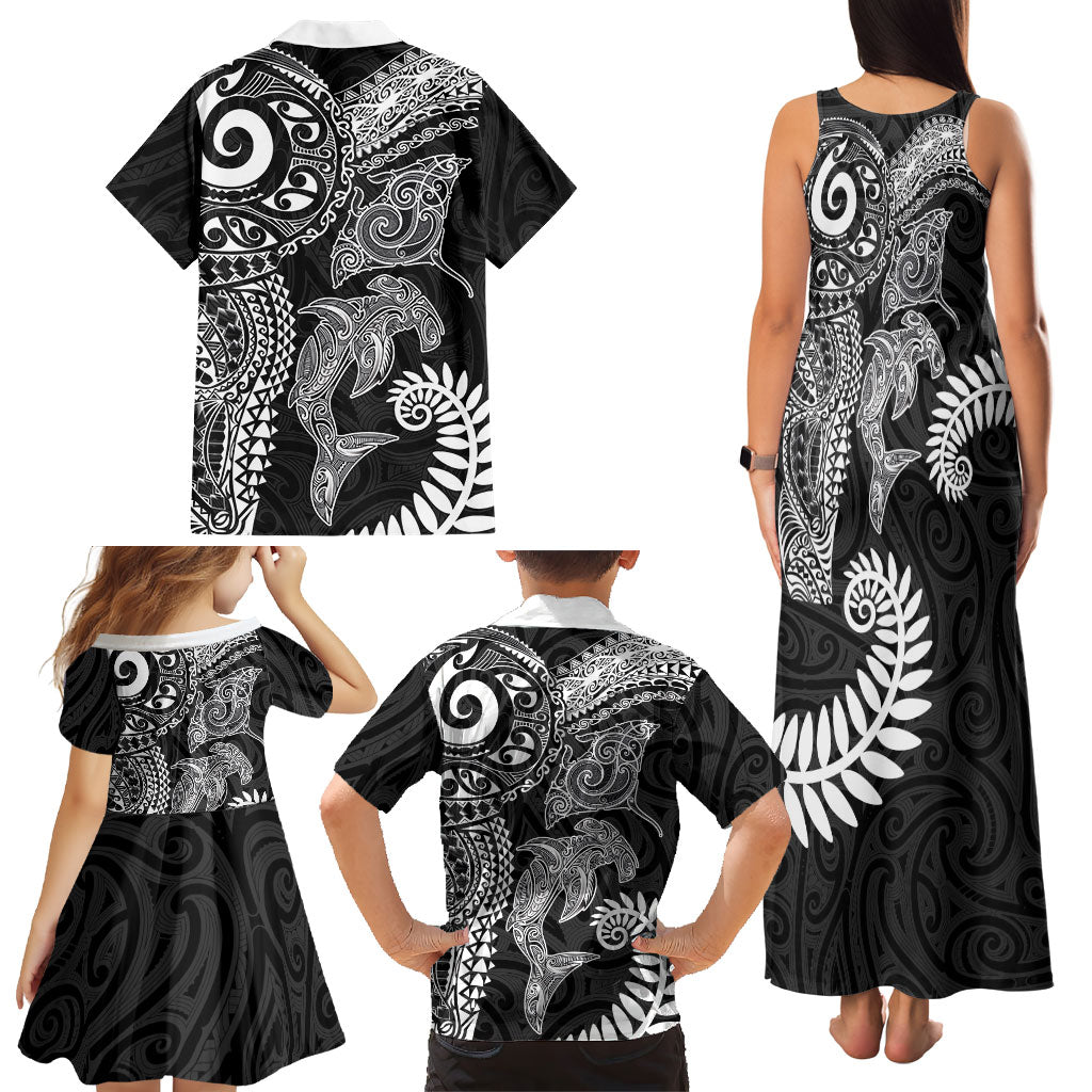 Aotearoa Maori Sea Animals Tribal Family Matching Tank Maxi Dress and Hawaiian Shirt Manta Ray and Shark Moko Pattern Black Color