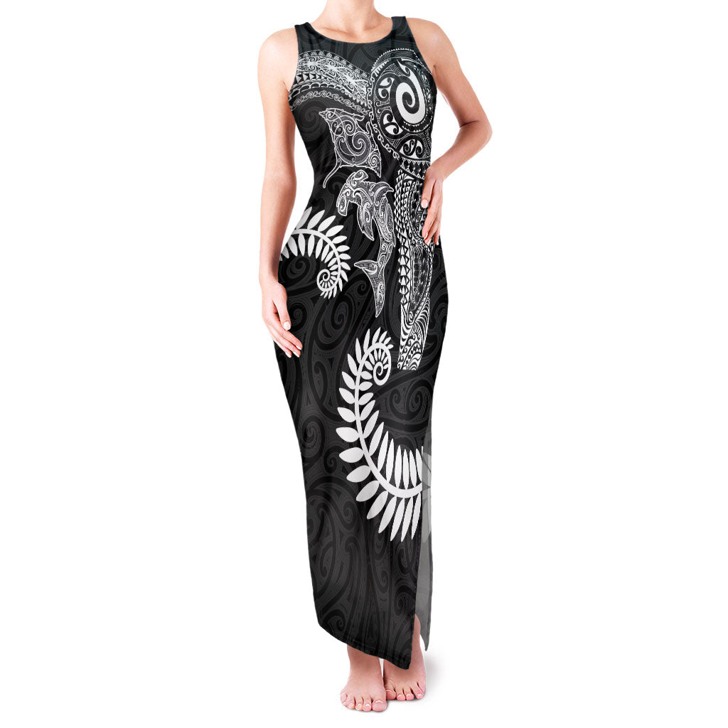 Aotearoa Maori Sea Animals Tribal Family Matching Tank Maxi Dress and Hawaiian Shirt Manta Ray and Shark Moko Pattern Black Color