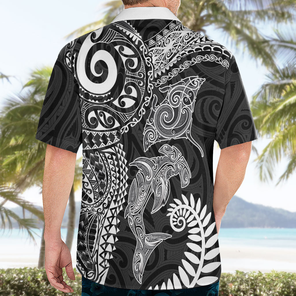 Aotearoa Maori Sea Animals Tribal Hawaiian Shirt Manta Ray and Shark Moko Pattern Black Color