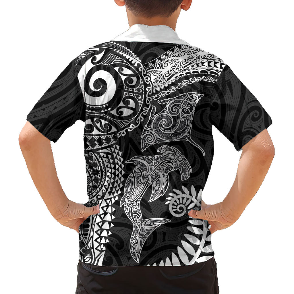 Aotearoa Maori Sea Animals Tribal Hawaiian Shirt Manta Ray and Shark Moko Pattern Black Color