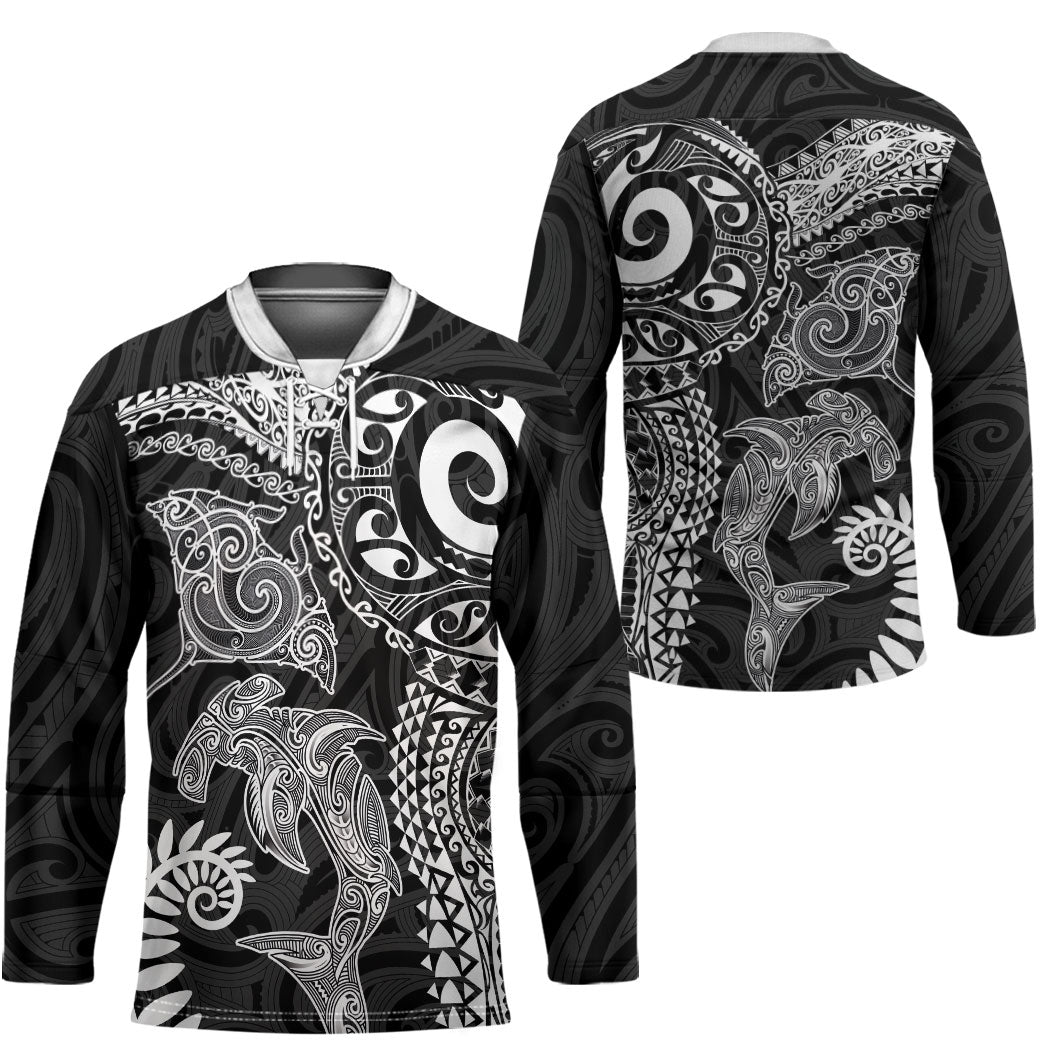 Aotearoa Maori Sea Animals Tribal Hockey Jersey Manta Ray and Shark Moko Pattern Black Color