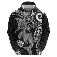 Aotearoa Maori Sea Animals Tribal Hoodie Manta Ray and Shark Moko Pattern Black Color