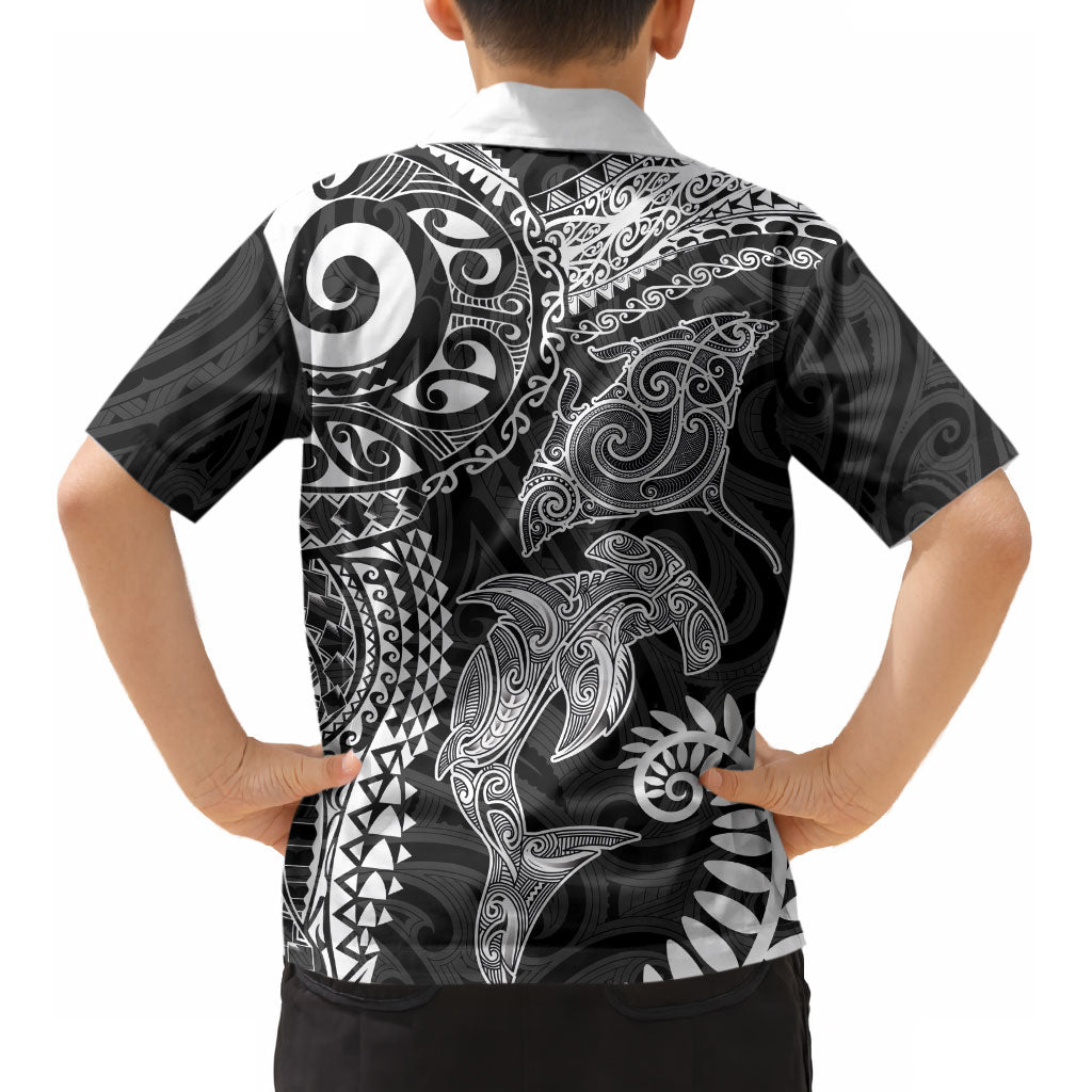 Aotearoa Maori Sea Animals Tribal Kid Hawaiian Shirt Manta Ray and Shark Moko Pattern Black Color LT03 - Polynesian Pride