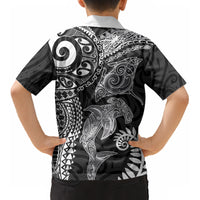 Aotearoa Maori Sea Animals Tribal Kid Hawaiian Shirt Manta Ray and Shark Moko Pattern Black Color LT03 - Polynesian Pride