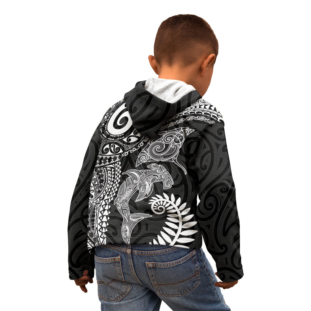 Aotearoa Maori Sea Animals Tribal Kid Hoodie Manta Ray and Shark Moko Pattern Black Color