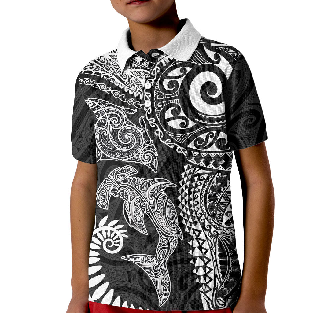 Aotearoa Maori Sea Animals Tribal Kid Polo Shirt Manta Ray and Shark Moko Pattern Black Color