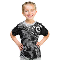 Aotearoa Maori Sea Animals Tribal Kid T Shirt Manta Ray and Shark Moko Pattern Black Color