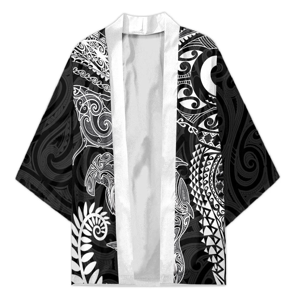 Aotearoa Maori Sea Animals Tribal Kimono Manta Ray and Shark Moko Pattern Black Color LT03 Unisex Black - Polynesian Pride