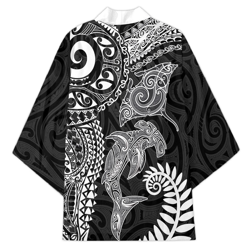 Aotearoa Maori Sea Animals Tribal Kimono Manta Ray and Shark Moko Pattern Black Color