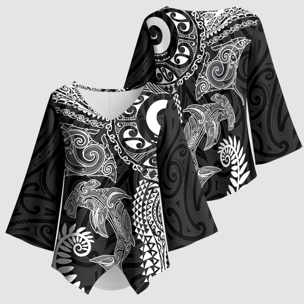 Aotearoa Maori Sea Animals Tribal Kimono Sleeve Blouse Manta Ray and Shark Moko Pattern Black Color