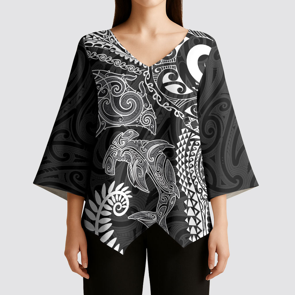 Aotearoa Maori Sea Animals Tribal Kimono Sleeve Blouse Manta Ray and Shark Moko Pattern Black Color