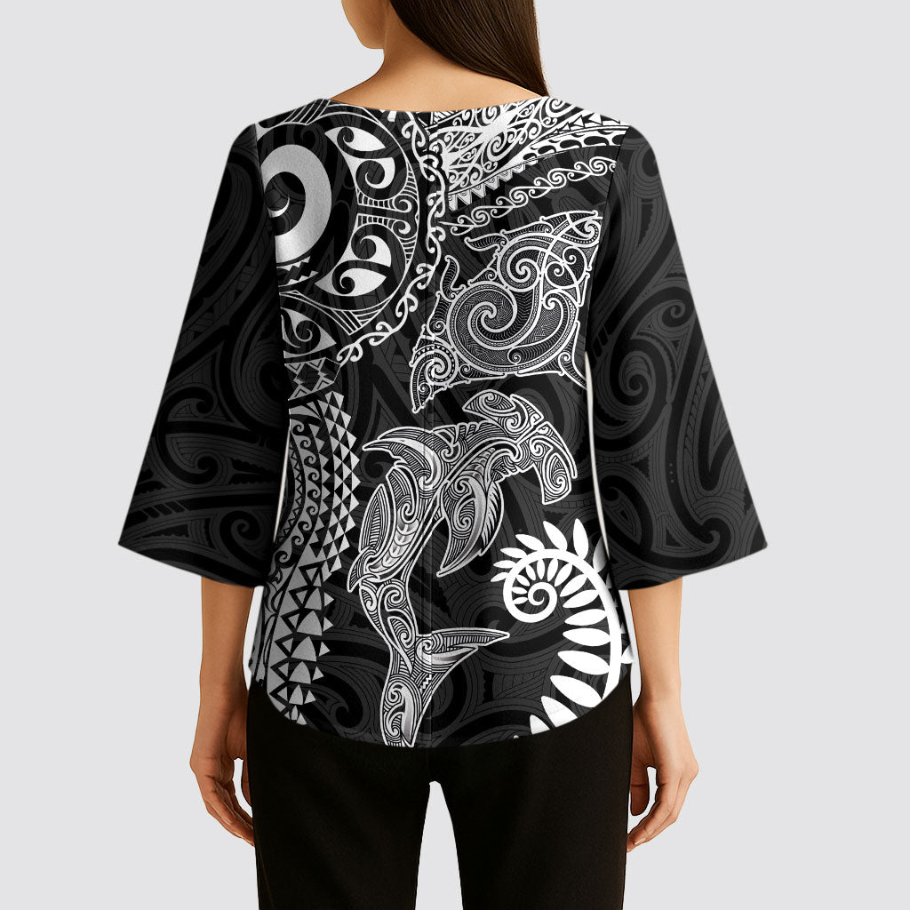 Aotearoa Maori Sea Animals Tribal Kimono Sleeve Blouse Manta Ray and Shark Moko Pattern Black Color