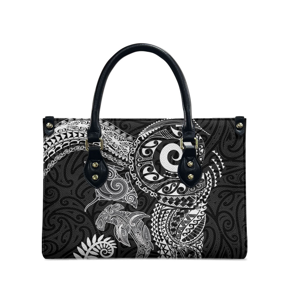 Aotearoa Maori Sea Animals Tribal Leather Bag Manta Ray and Shark Moko Pattern Black Color LT03 - Polynesian Pride
