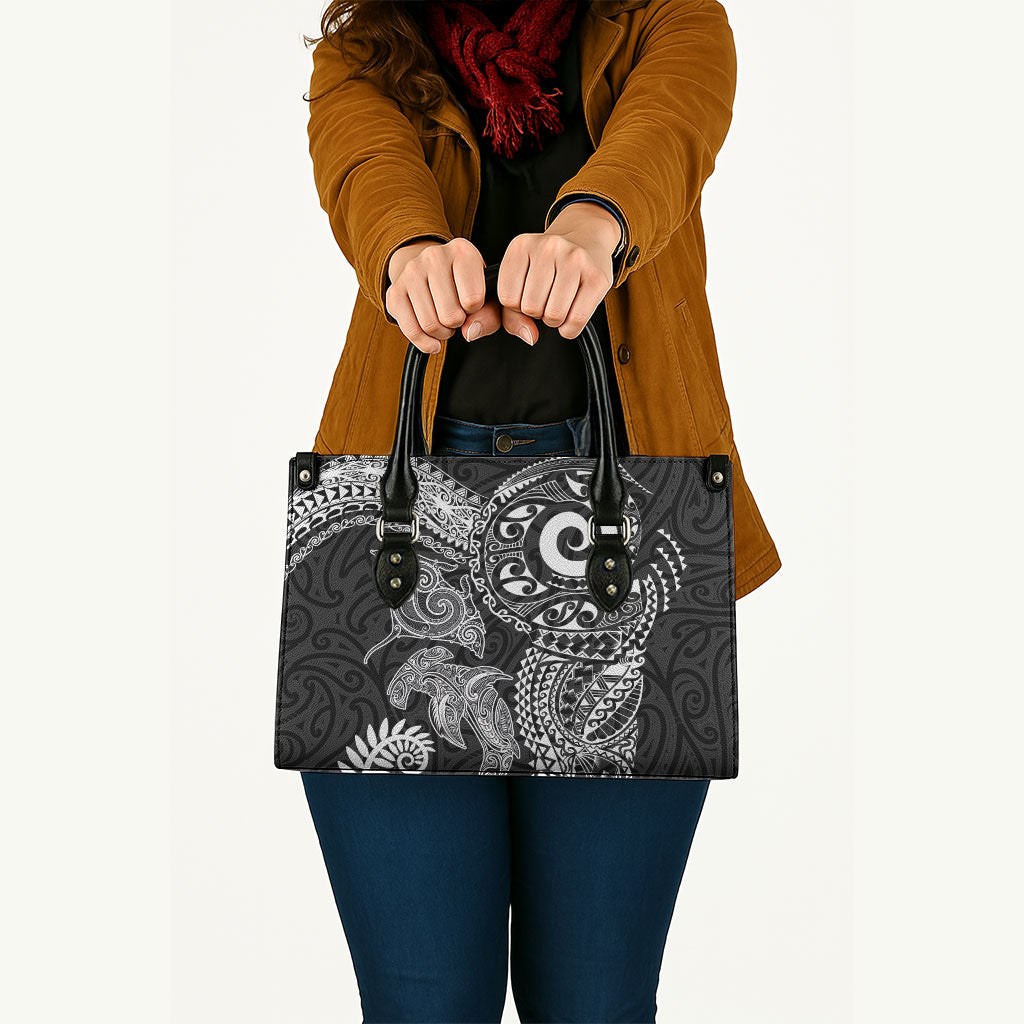 Aotearoa Maori Sea Animals Tribal Leather Bag Manta Ray and Shark Moko Pattern Black Color LT03 - Polynesian Pride