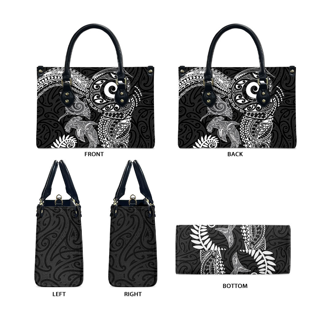 Aotearoa Maori Sea Animals Tribal Leather Bag Manta Ray and Shark Moko Pattern Black Color LT03 - Polynesian Pride