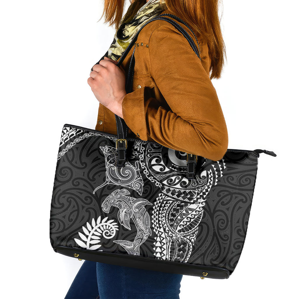 Aotearoa Maori Sea Animals Tribal Leather Tote Bag Manta Ray and Shark Moko Pattern Black Color LT03 Black - Polynesian Pride